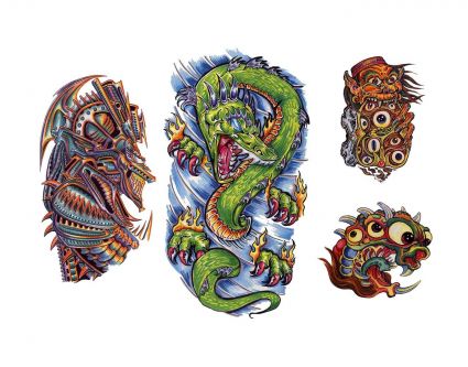 Colored Tats Design Of Dragons